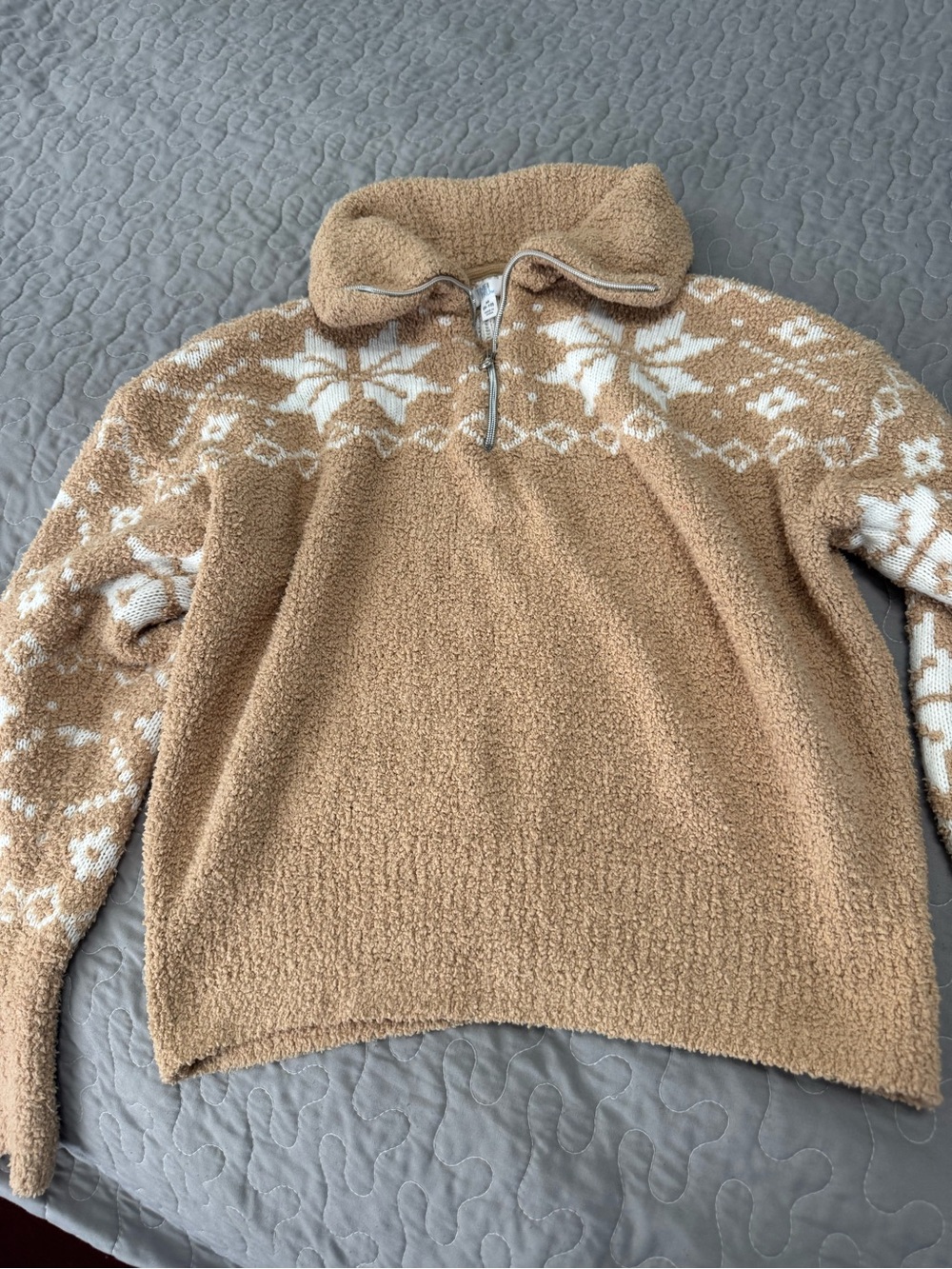 Time and Tru Tan Sherpa Half-Zip Sweater with White Nordic Pattern
